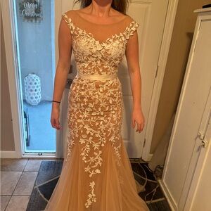 Sherri Hill Cream Embellished Cap Sleeve Gown